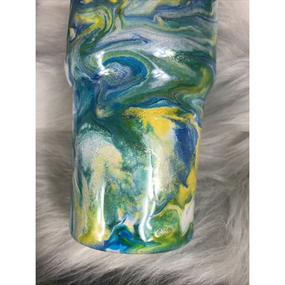 32 Ounce Tumbler Hand Painted Teal’s Blues Yellows Pearls & Glitter Lid Custom - Picture 15 of 16